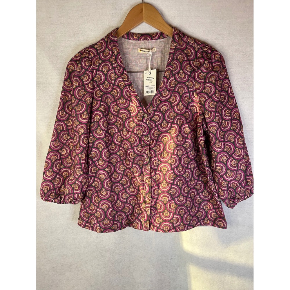 Marine Layer Top Small Pink Fan Block Print Colette Doublecloth Shirt NWT